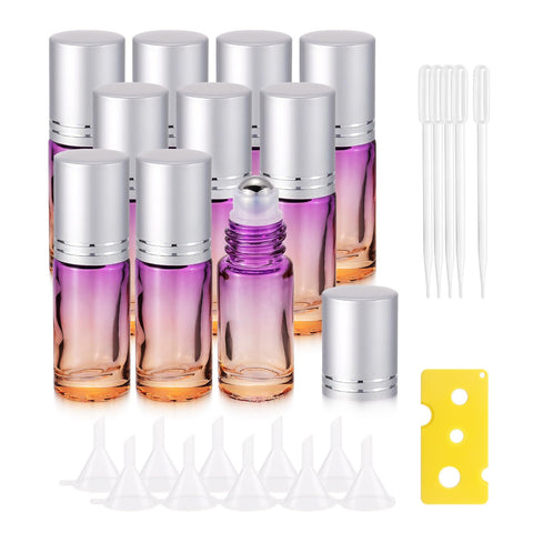 jiuwu 10 Pack 5ml Essential Oil Roller Bottles Purple-Orange Gradient Roller Bottles with Stainless Steel Roller Balls and Silver Cap (5 Droppers, 10 Funnels, 1 Opener)