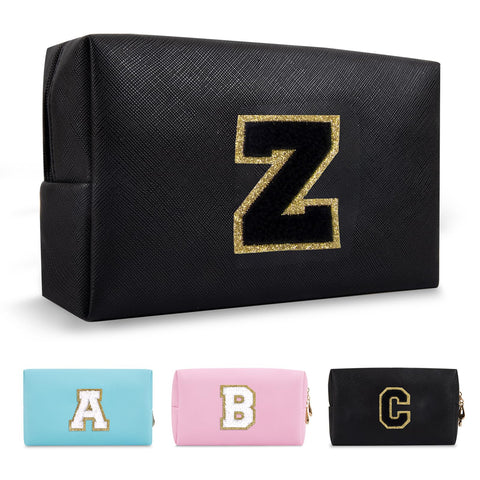 Personalized Makeup Bag Initial A-Z Preppy Patch Bag,Small PU Leather Travel Cosmetic Bag Pouch with Zipper,White Cute Toiletry Bag,Gift Ideal for Teen Girls Women Birthday Friend Mom, Black,Black-Letter, Z, Fashion