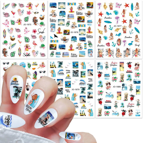 Seaside Beach Nail Art Stickers, Bikini Girls Coconut Tree Flowers Leaf Fruits Nail Transfer Decals, Holographic 3D Summer Hawaii Nail Self-Adhesive Sticker Design for Women Manicure Charms Decoration