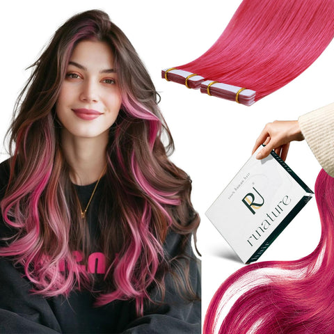 RUNATURE Tape in Hair Extensions Pink Tape in Human Hair Extensions 16 Inch Skin Weft Hair Tape in Pink Hair Extensions 25g