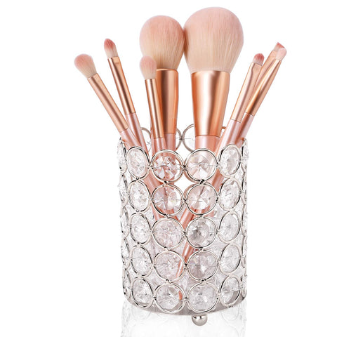 Shellkingdom Makeup Brush Holder, Crystal Beads Pen Pencil Brush Holder Storage Organizer Container (Cylindrical sliver)