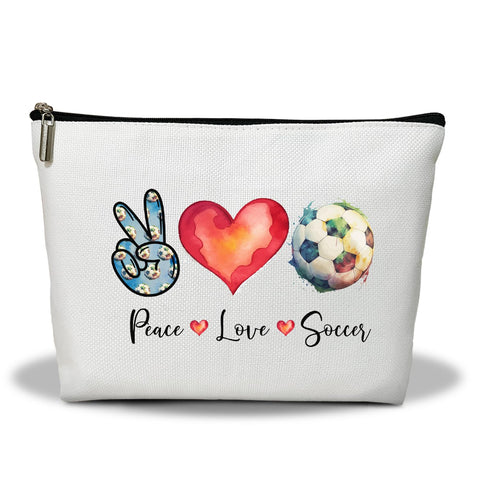 Makeup Bag, Football Makeup Organizer Bag, Peace Love Soccer, Portable Toiletry Makeup Pouch, Storage Makeup Zipper Bag, Appreciation Sport Soccer Lover Gift for Women Mentor Coach -13, White
