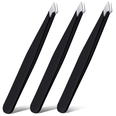 3 Pieces Eyebrow Tweezers Stainless Steel Pointed Tip Slant Tweezers Pointed Hair Removal Tweezers Precision Tweezers Splinter Plucking and Ingrown Hair Removal for Facial Hair (Black)