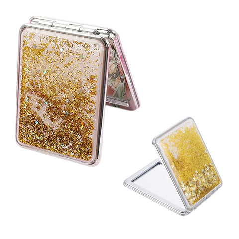 AISIBO Quicksand Cosmetic Mirror, Quicksand Glitter Compact Mirror Foldable Fashion Hand Mirror Portable Travel Pocket Cosmetic Mirror (Square-Gold)