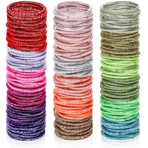 200 Pieces No-metal Hair Elastics Hair Ties Ponytail Holders Hair Bands (2 mm, Glitter Multicolor)