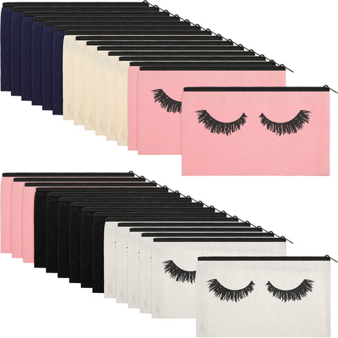 Weewooday 30 Pieces Eyelash Makeup Bags Canvas Makeup Bags Eyelash Cosmetic Bags Travel Make up Pouches with Zipper for Women, 5 Colors, [6 pink, 6 blue, 6 yellow, 6 gray, 6 purple], 7.1 x 4.3 Inch