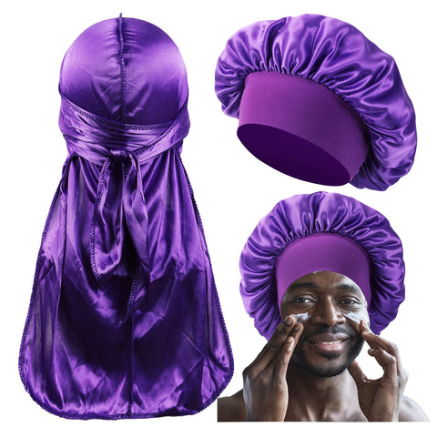 Black Bonnet for Men/Black Women Sleeping Bonnets,Matching Durag and Bonnets Set for Couples,Men Bonnet Wide Band Hair Bonnet, Set E-purple, Medium-Large