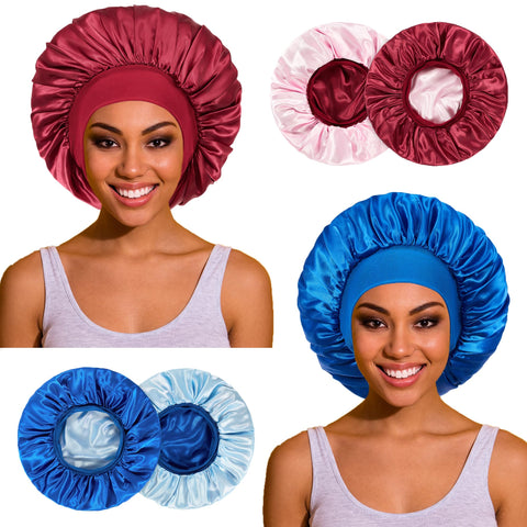 2pcs Reversible Satin Bonnet Silk Bonnet for Sleeping, Double Layer Two-Color Wide Band Sleep Cap Bonnet for Curly Hair, Set B, One Size