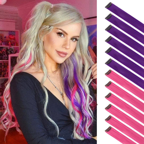 FESHFEN Colored Hair Extension, 12 PCS Lilac Pink & Rose Hairpiece for Girls Princess Party Highlight Colorful Straight Hair Extensions Clip in Costumes Hair Piece for Girls Dolls, 22 inch