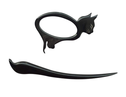 Marycrafts Black Brown Buffalo Horn Cat Kitten Shawl Pin, Hair Pin Accessory Handmade