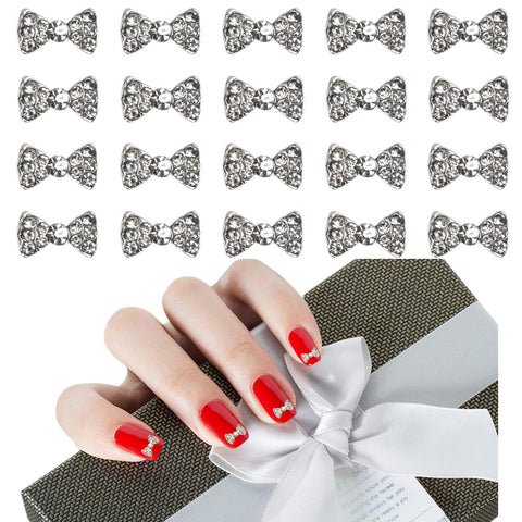 AUEAR, Charming 3D Nail Art Charms Bow Tie Rhinestones Crystal Pendant Decals DIY Decoration for Women Beauty Design Jewelry Craft (Silver, 40 Pack)