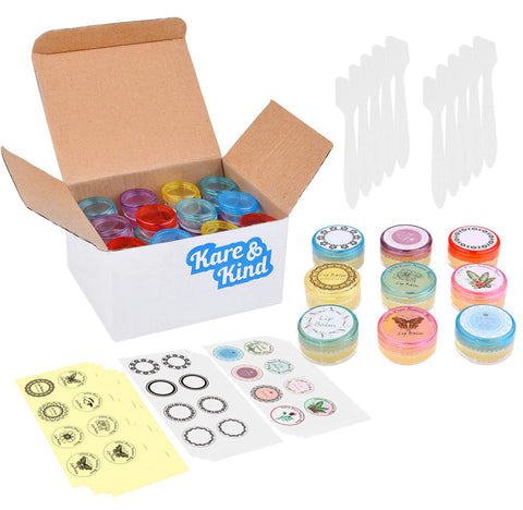 Lip Balm Container Jars - For Cosmetics - 48-Pack - 6 colors - DIY - Transparent - 5 Gram (5 ml/0.17 Oz) - Including 48 Writeable & 48 Printed Lip Balm Stickers - Screw Cap Lids - Empty