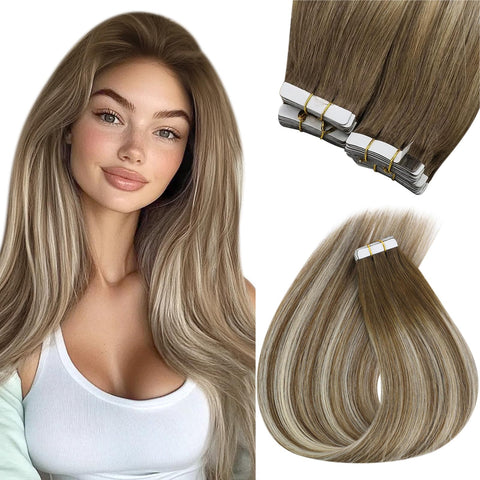 Tape in Hair Extensions Brown Ombre Balayage Tape in Remy Human Hair Extensions #6 Chestnut Brown mix #60 Platinum Blonde Glue in Hair Extensions 18inch 20pcs/50g