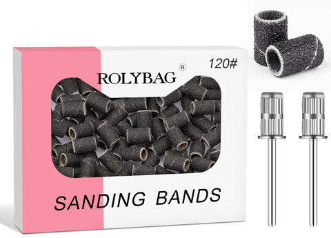 120# professional nail sanding bands for nail drill,drill sanding band with storage box,include 100 medium sand bands and 2 pieces mandrel for most size 3/32" nail drill machine