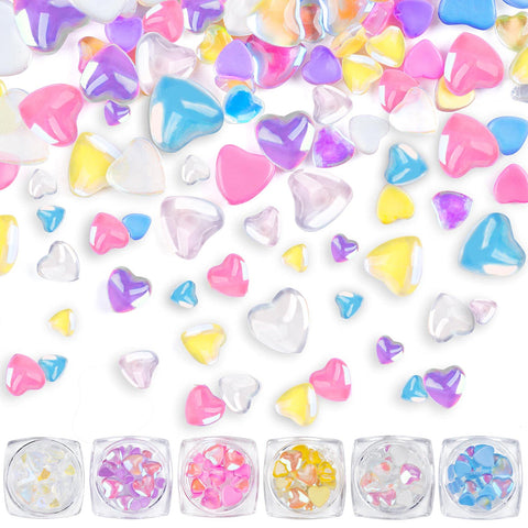 PAGOW Hearts Nail Charms for Acrylic Nails, Colorful 3D Resin Love Heart Nail Charm, Fashion Crystal Aurora Rhinestones of Nail Art DIY Decorations, for Jewelry Making(6 color. 3 sizes)