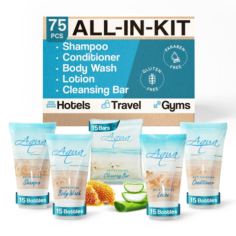 Aqua Organics | 1-Shoppe All-In-Kit | Hotel Size Amenities Set | Hotel/AirBnB/VRBO/Vacation Rental Soap Set | (75 pcs)