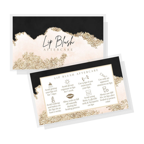 Lip Blush Aftercare Instruction Cards | 50 Pack | 2x3.5” inch Business Card Size | Lip Blush Supplies | Black, Pink, and Gold Design