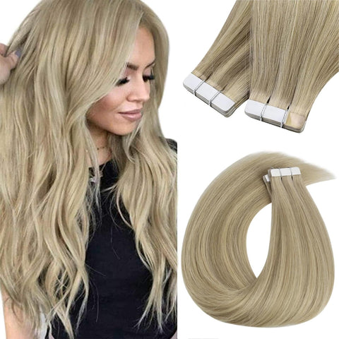Sunny Blonde Highlight Tape in Hair Extensions Human Hair 18 Inch Color#16/22 Dark Ash Blonde Highlight Golden Blonde 100% Remy Human Hair Extensions Tape for Women 20 pcs 50g