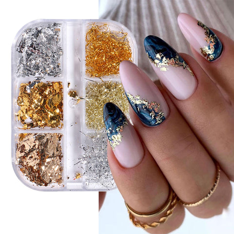 Eseres 3D Sparkly Aluminum Foil Flake Sequins Nail Art Foil Glitter Flakes Nail Art for Acrylic Nails Design 6 Grids