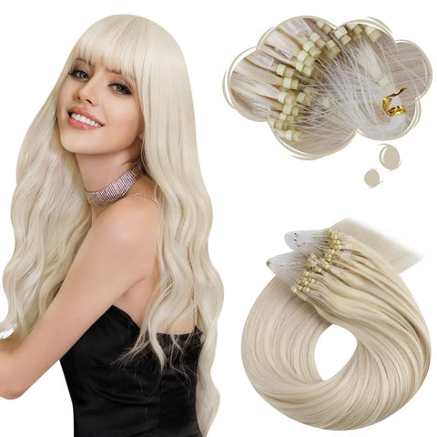 Moresoo Micro Loop Human Hair Extensions 22 Inch Micro Beads Tipped Human Hair Extensions Platinum Blonde #60 Human Hair Extensions 50 Strands 50g Per Pack Loop Human Hair Extensions