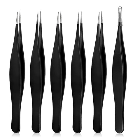 6 Pieces Ingrown Hair Tweezers Precision Needle Nose Pointed Tweezers Stainless Steel Tweezers for Facial Hair Eyebrow Blackhead Remover (Black)