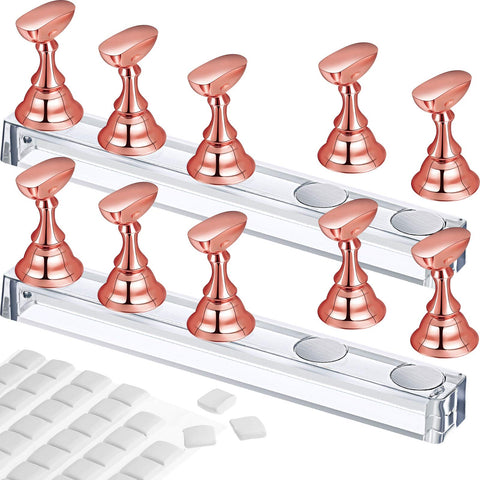 2 Set Acrylic Nail Art Practice Stands Magnetic Nail Tips Holders Training Fingernail Display Stands DIY Nail Crystal Holders and 96 Pieces White Reusable Adhesive Putty (Metal Rose Gold)
