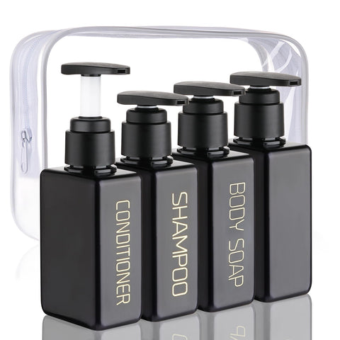 Hethyo Travel Bottles Travel Accessories Toiletries 4 Pack 3.7oz/110ml Travel Shampoo And Conditioner Bottles Empty Plastic Pump Bottle Dispenser Travel Size Bottles (3labels &1blank black)