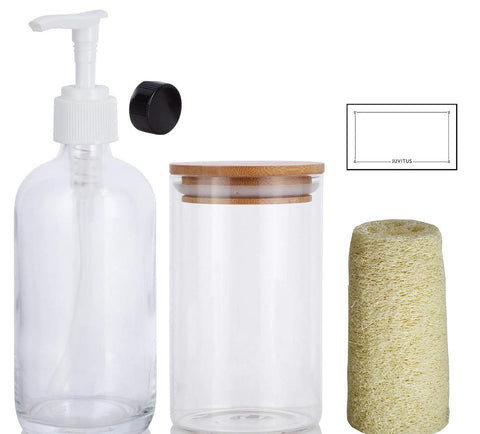 JUVITUS 10 Piece Set 16 oz Clear Glass Boston Round Bottles (6) with White Lotion Pump and Phenolic Caps, 16 oz Clear Jars with Bamboo Lids (2), Loofahs (2), Labels (8)