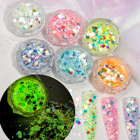 MEILINDS Holographic Nail Glitter Flakes 6 Boxes Luminous Mermaid Nail Glitter Sequins Fluorescent Glass Paper Nail Foil Flakes for Make Up DIY Nail Art Decoration (6 Colors)