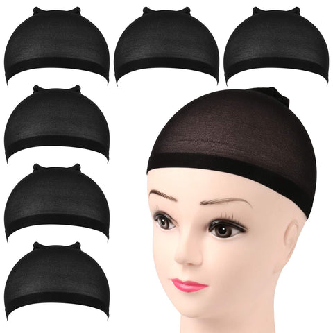 FANDAMEI 6PCS Black Stocking Caps for Wigs, Stretchy Nylon Wig Caps for Women, Girls, Kids