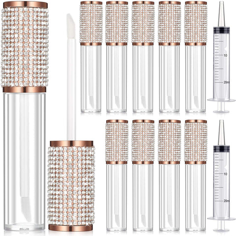 12 Pieces Crystal Rhinestone Lip Gloss Wand Tubes Include 10 Pieces 5 ml Empty Lip Gloss Lip Balm Bottles with Rubber Stoppers and 2 Pieces 20 ml Plastic Syringe for Cosmetic (Rose Gold)