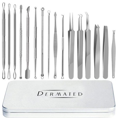 Dermated 16 PCS - Blackhead Remover Pimple Popper Tool Kit, Comedones Extractor Acne Removal Kit for Blemish, Stainless Acne Tools, Whitehead Popping & Zit Removing for Nose & Face Tools in Metal Case