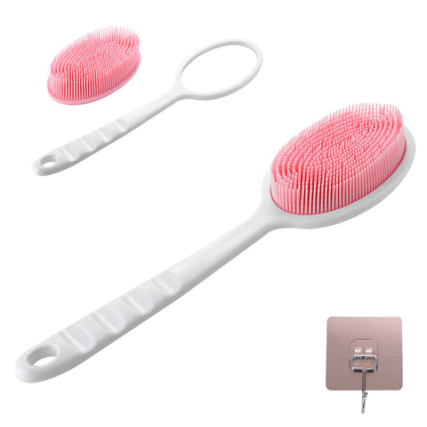 2-in-1 Silicone Body Brush with Detachable Long Handle, Double-Sided Back Scrubber for Bath with Hook, Rich Foam for Deep Cleansing and Exfoliating (Pink/Tip)