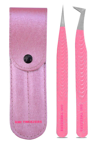 Fiber Tip Glitter 2 pcs Tweezers- Straight and L Shape Pink Volume Tweezers.