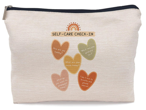 Lacosu Self Care Chaeck-in Mental Health Makeup Bag,Boho Rainbow Hearts Cosmetic Makeup Bag for Women Girls,Boho Travel Makeup Bag,Gift Idea for Boho Lovers Teen Girls Women,Psychology Gifts,