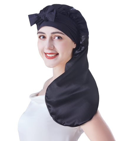 Cocheng Mulberry Silk Bonnet for Sleeping Long Silk Bonnet for Curly Hair Braids Bonnet for Women Silk Bonnet with Tie Band, Black, L/XL