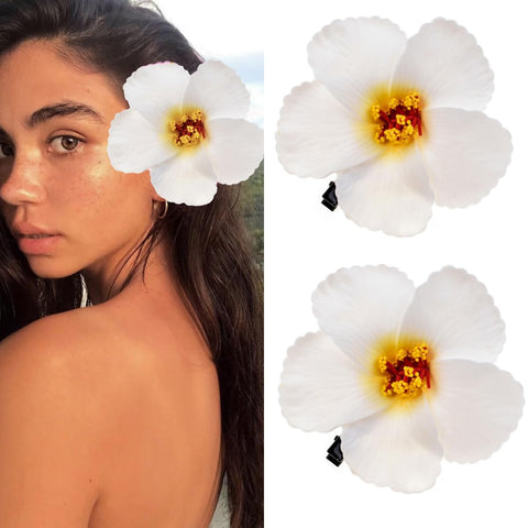 Love Sweety 2pc Hawaiian Plumeria Hair Clips Galsang Flower Barrettes for Beach Party (White)