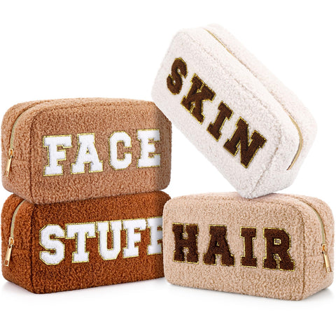Paterr 4 Pcs Chenille Letter Preppy Patches Makeup Bag Plush Fuzzy Makeup Pouch Hair Skin Face Stuff Bag Large Cosmetic Purse Zipper Travel Toiletry Kit for Spring Gift, Retro Color