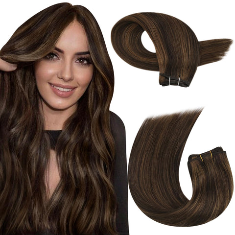 Moresoo Weft Hair Extensions Human Hair Sew in Bundles 100% Natural Human Hair Weft #2 Darkest Brown Mixed with #8 Light Brown Thick Straight Brazilian Hair Bundles 22 Inch 100g/bundle