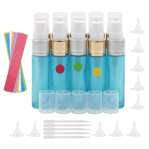 jiuwu 10pcs Light Blue 10ml 1/3oz Atomizer Spray Glass Bottle Vial Refillable Perfume Empty Fine Mist Sample Bottle Silver Gold Cap Container for Travel Party 5 Droppers + 10 Funnels + 154 Labels