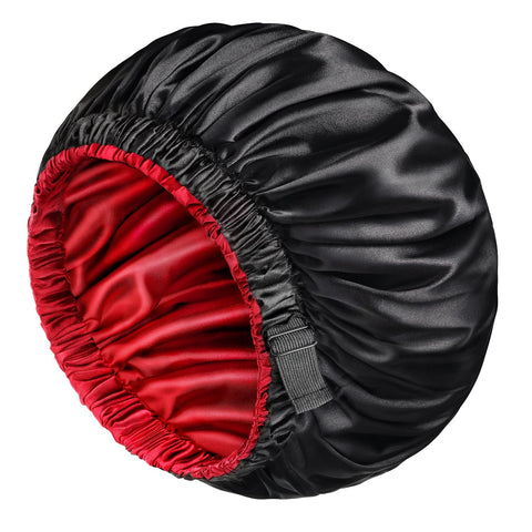 mikimini Satin Bonnet Silk Bonnet Sleeping Cap for Women, 1 Pack, Extra Large, Double-Layer Stretchy Sleeping Hair Bonnet, Black + Red