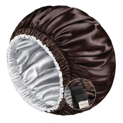 mikimini Satin Bonnet for Men and Women, Reversible Double Layer Sleeping Silk Bonnet for Curly Hair Braids with Anti-Slip Adjustable Widened Elastic Band Super Large Soft (XL, Chocolate/Silver)
