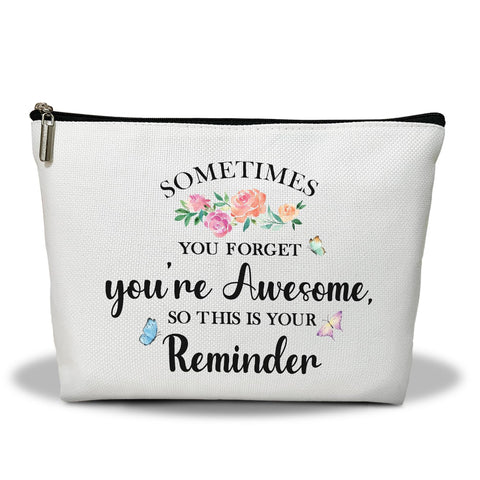 Makeup Bag, Flower Travel Makeup Organizer Bag, Sometime You Forget You're Awesome, Portable Toiletry Makeup Pouch, Storage Makeup Zipper Bag, Motivational Gifts for Women Sister Girl -04, White