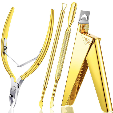 4 in 1 Acrylic Nail Clipper False Nail Tips Clipper Cuticle Trimmer Nipper with Cuticle Pusher Cuticle Remover, Stainless Steel Nail Manicure Set for Salon Home Nail Art Manicure Tool (Golden)