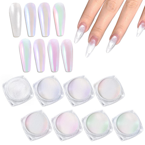 Laza Pearl Nail Powder, 8 Colors Pearlescent White Chrome Iridescent Powder Ice Transparent Aurora Powder, Mirror Chameleon Holographic Dust Powder for Gel Nails Decoration Manicure - Colorful White