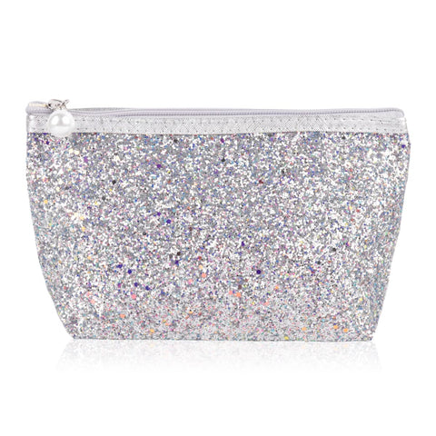 RIAH FASHION Pouch Clutch Organizer Bag - Travel Cosmetic Makeup Toiletry Jewelry Cute Sequin Purse Adjustable Strap, Glitter Cosmetic Zip Bag - Silver, Pouch Clutch Organizer Bag
