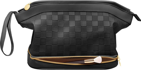 Hairao Makeup Bag, Large Capacity Travel Cosmetic Bag, Double Layer PU Leather Makeup Organizer Bag, Checkered Portable Roomy Bag With Divide And Handle, Waterproof Toiletry Bag for Women and Girls, Black
