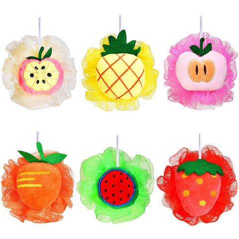 6 Pieces Cute Fruit Bath Shower Sponge Loofahs Mesh Pouf Shower Ball Colorful Cartoon Body Scrubber Balls Shower Mesh for Kids Adults