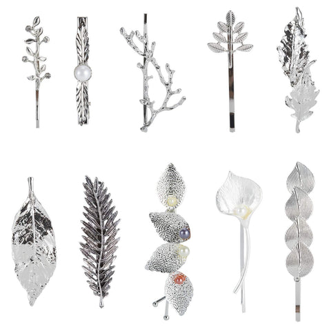 10 Pack Silver Vintage Retro Geometric Minimalist Branch Leaf Flower Metal Hair Clip Hairpin Snap Barrette Stick Claw Grip Clamp Bobby Pins Alligator Hairclips Party Hair Accessories for Women Girl