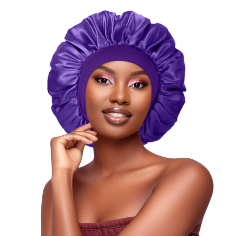 Satin Bonnet Hair Bonnet for Sleeping- 2 Pack Silk Bonnets for Black Women shower cap, A-06-purple, M